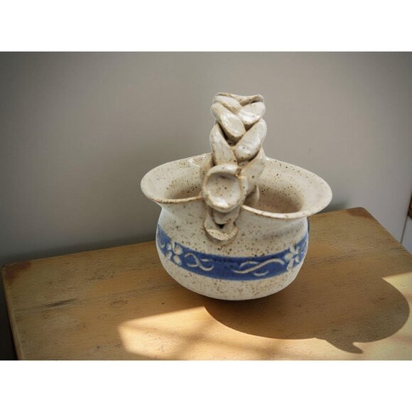 vintage 1991 handmade clay fired braided handle art pottery signed basket plante - Picture 5 of 12